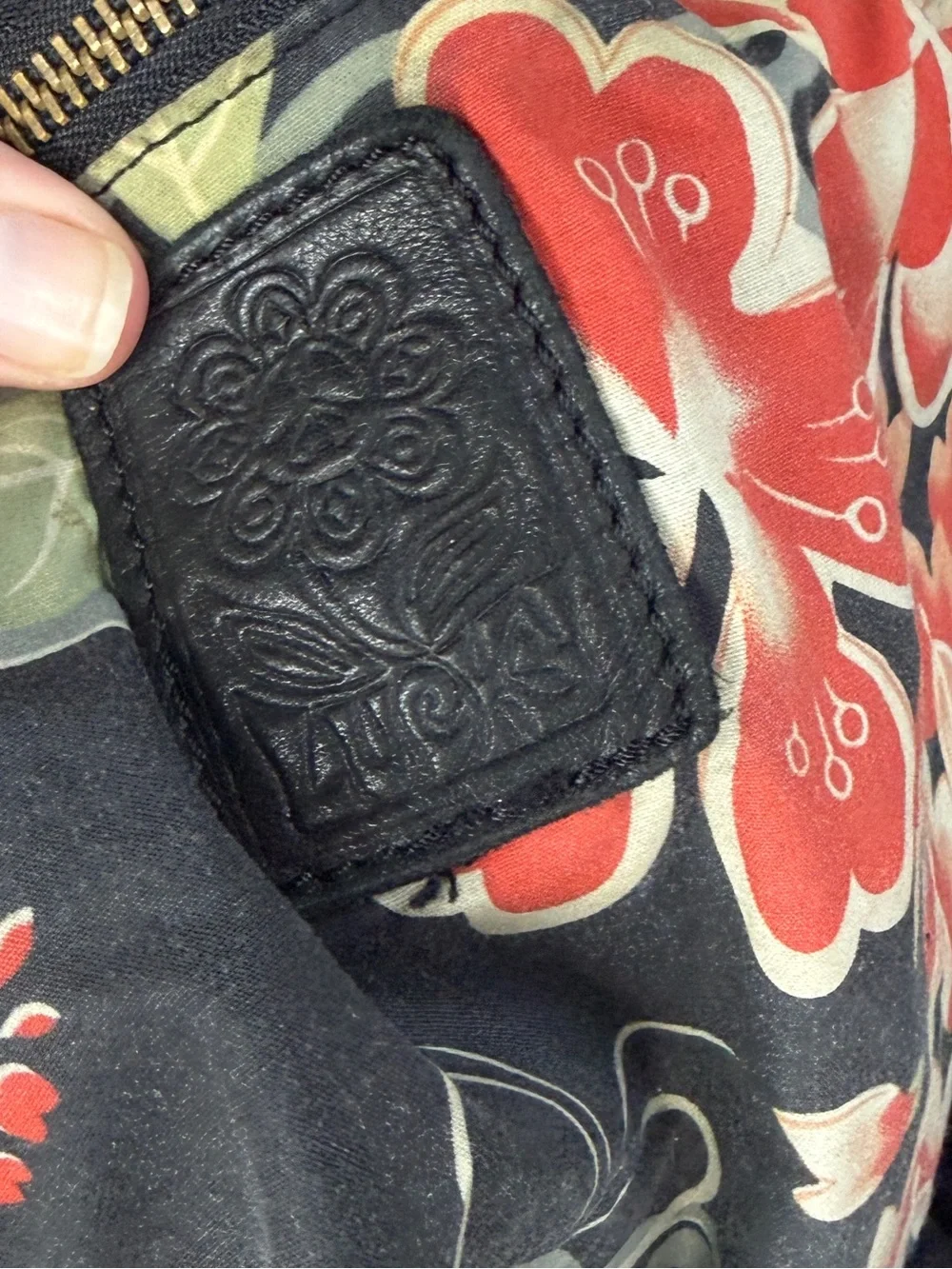 Lucky Brand Y2K Black Leather Drawstring Flower Hippie Hobo bag